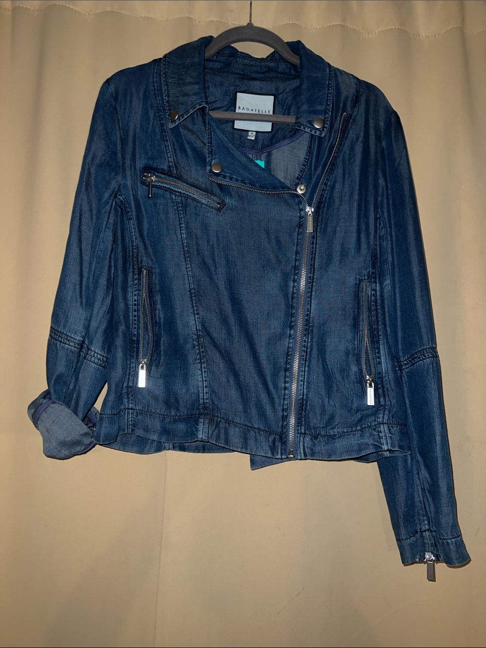 bagatelle Navy Denim Asymmetrical Zip Moto Jacket